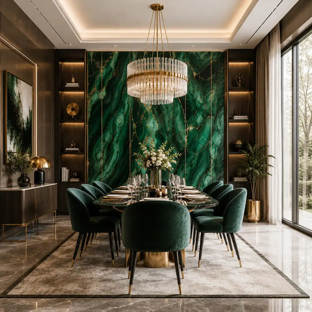 Emerald marble mural sample section showing rare stone pattern and color saturation
