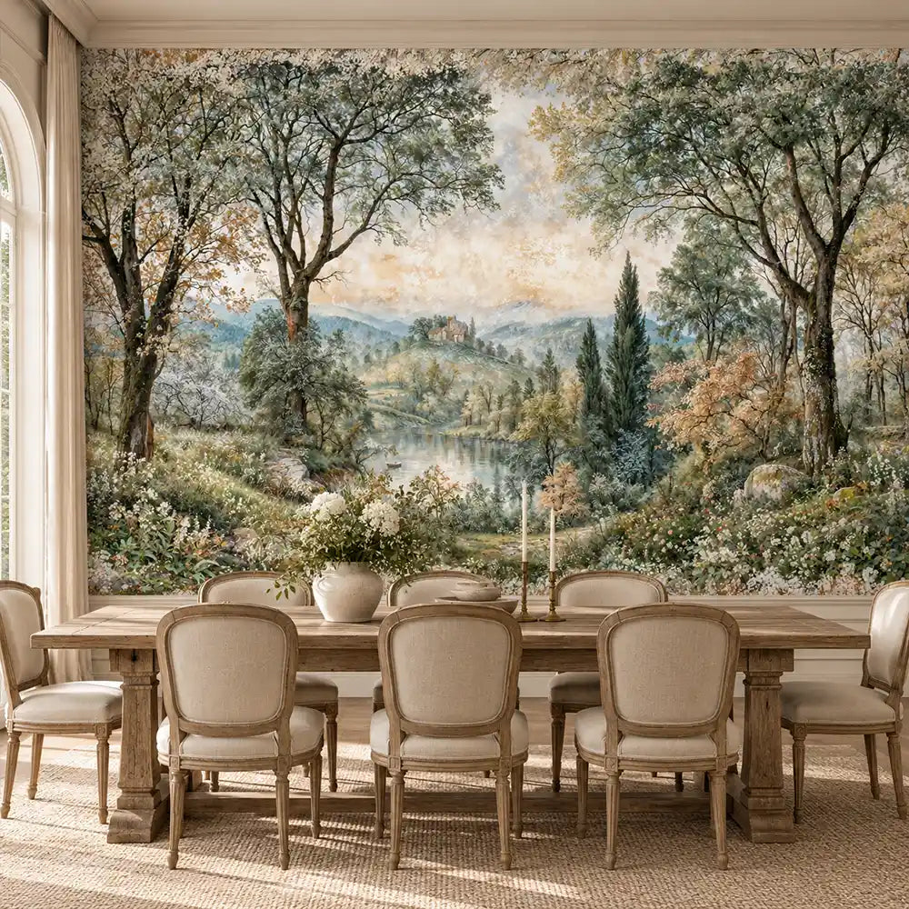 Farmhouse dining room with a soft green botanical pastoral wall mural