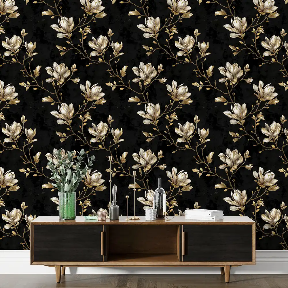 Create a feature wall with Black and Gold Magnolia Wallpaper.