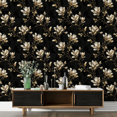 Create a feature wall with Black and Gold Magnolia Wallpaper.