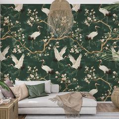 Create a feature wall with Green Chinoiserie Crane Wallpaper.