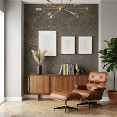 Abstract flowing line wallpaper installed in living room, soft neutral tones