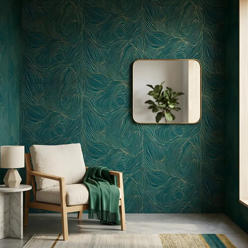 Minimal modern wallpaper with flowing curved lines, installed office accent wall