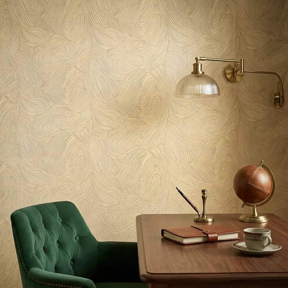 Abstract line art wallpaper in dusty rose colorway, romantic bedroom application