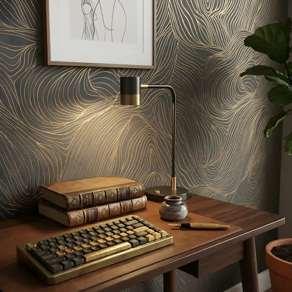 Flowing lines wallpaper in forest green, botanical-inspired abstract wall design