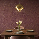 Sophisticated flowing line pattern wallpaper in slate blue, modern living room wall