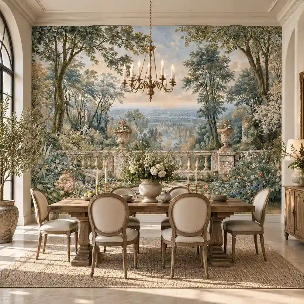 Formal dining room with chandelier and a removable antique garden wallpaper mural