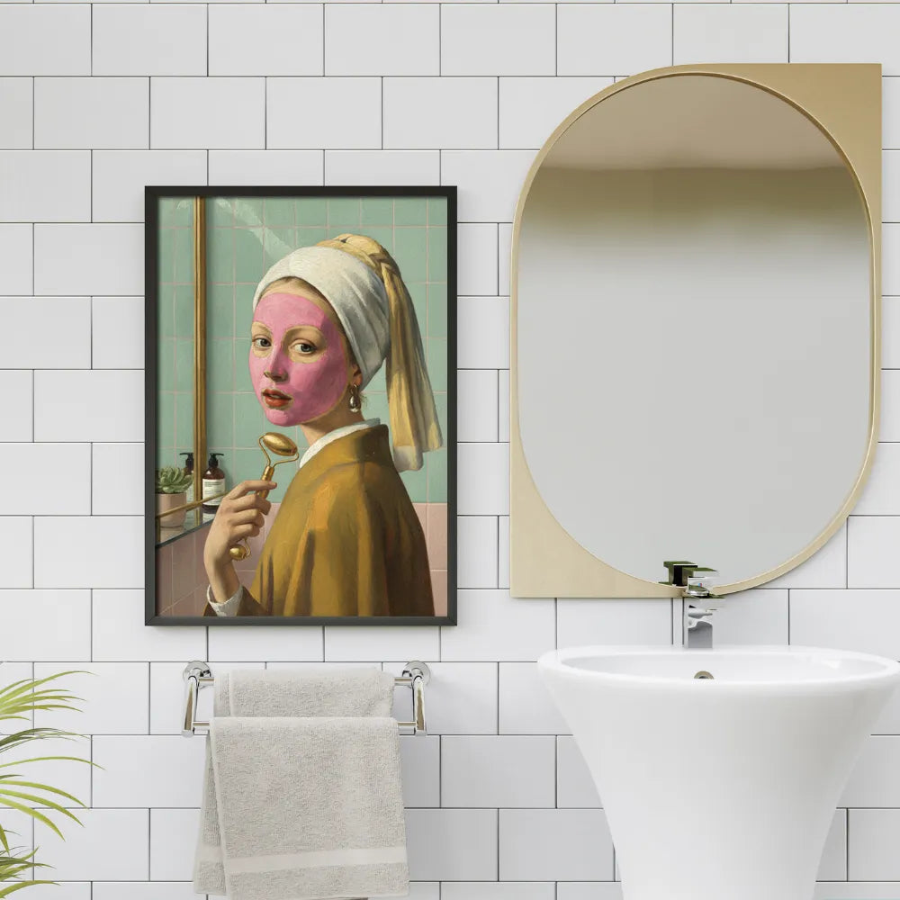 Funny girl with a pearl earring parody bathroom art poster sticker adds humor to bathrooms.