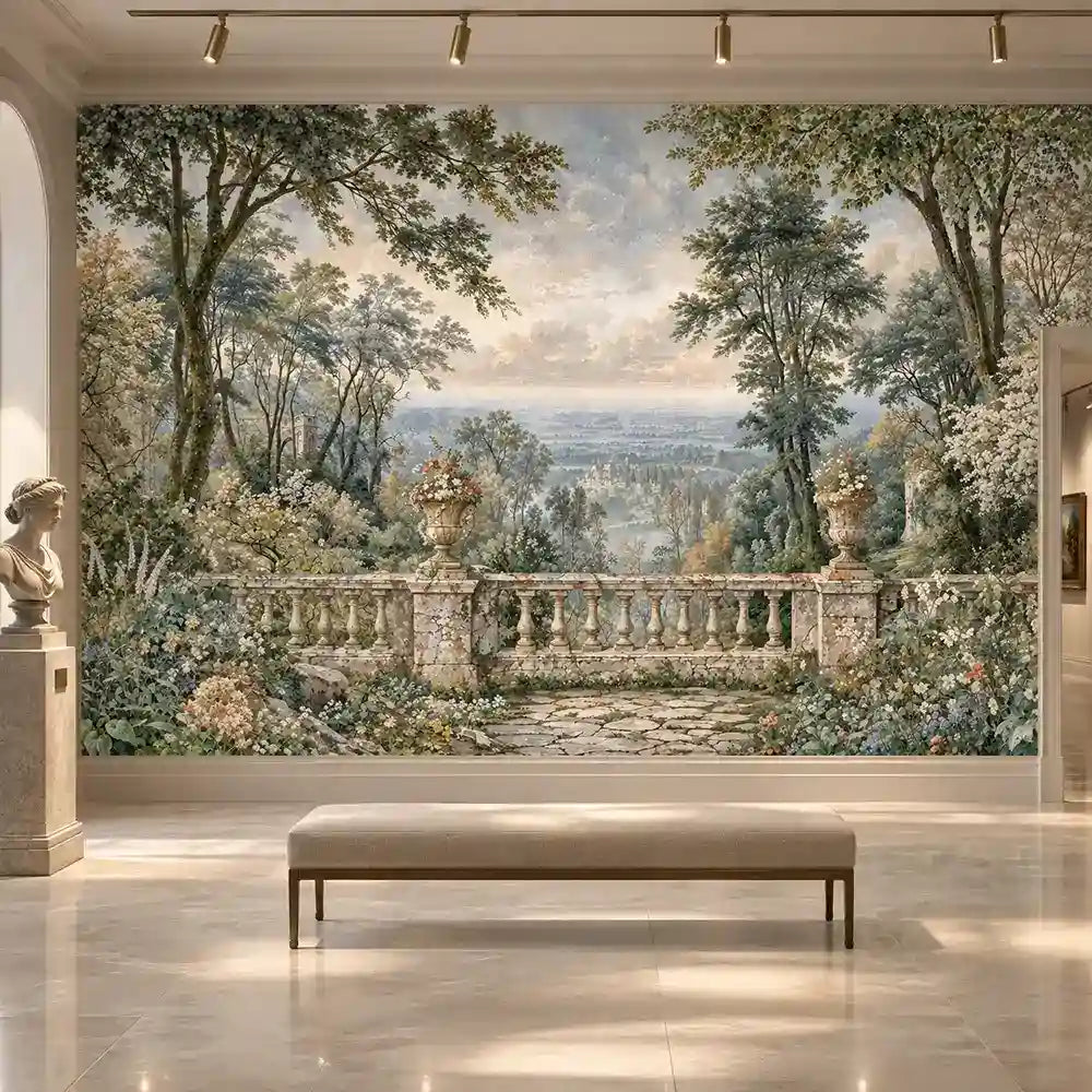Gallery hallway bench with a classic terrace garden landscape peel and stick mural