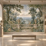Gallery hallway bench with a classic terrace garden landscape peel and stick mural