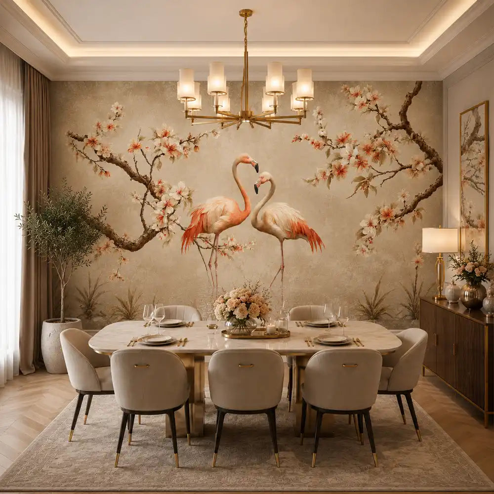 Flamingo mural wallpaper in a glamorous dining room with round table and chandelier