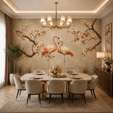 Flamingo mural wallpaper in a glamorous dining room with round table and chandelier