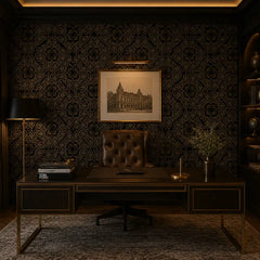 Black and gold art deco peel-and-stick wallpaper full bedroom wall, glamorous finish