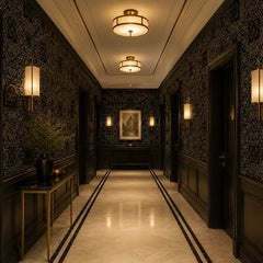 Golden noir art deco wallpaper close-up showing geometric chevron and gold line pattern