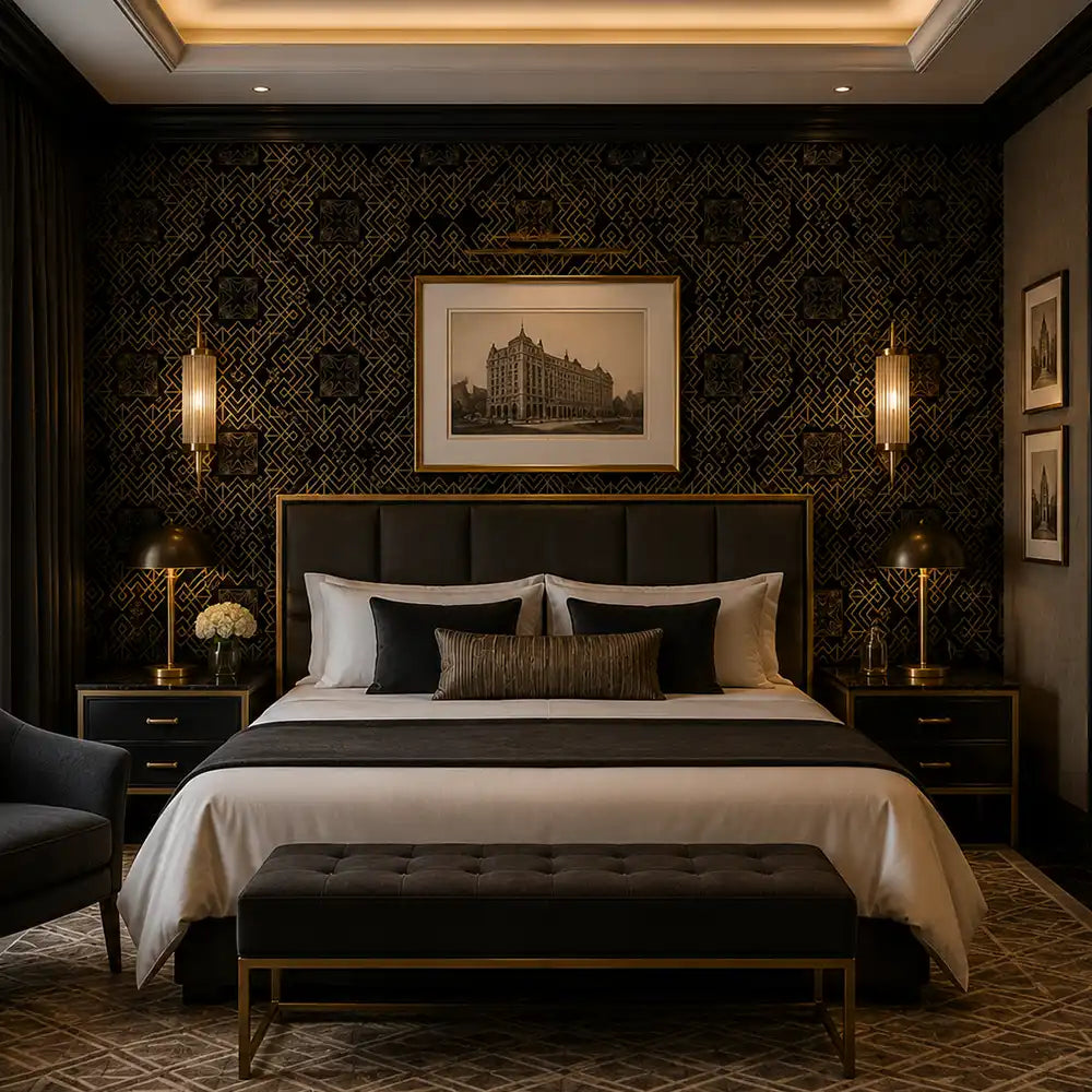 Luxury art deco peel-and-stick wallpaper in dining room, opulent black and gold wall