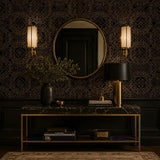 Art deco removable wallpaper in living room, bold noir and gold luxury accent wall