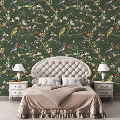 Green Chinoiserie Bird Wallpaper for a sophisticated bedroom.