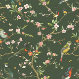 Green Chinoiserie Bird Wallpaper for a refreshing kitchen design.