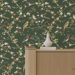 Elegant Green Chinoiserie Bird Wallpaper for your living room.
