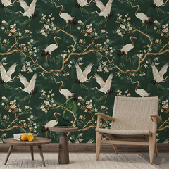 Refresh your bedroom with Green Chinoiserie Crane Wallpaper.