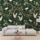 Elegant Green Chinoiserie Crane Wallpaper for your living room.