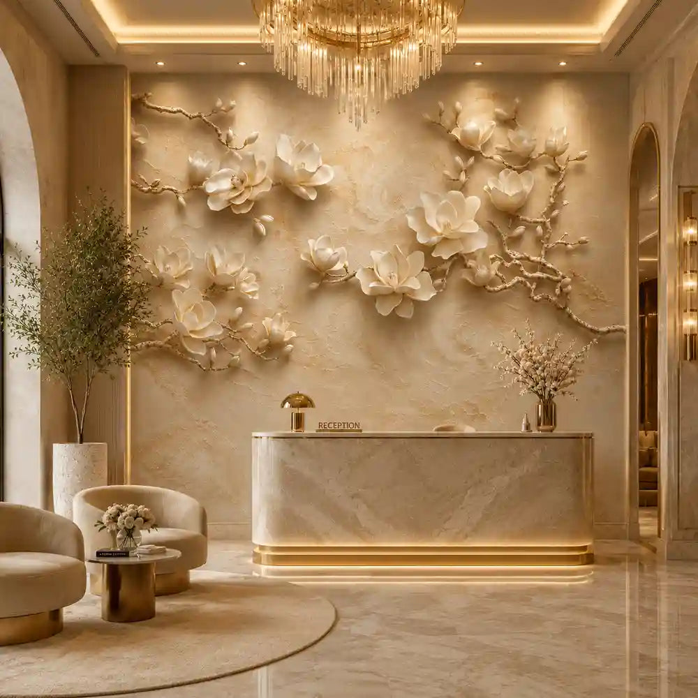 Ivory relief floral mural behind a hotel reception desk with gold chandelier
