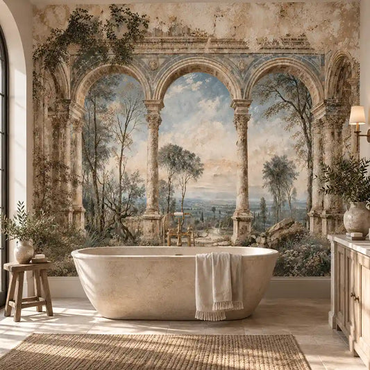 Weathered Italian arches fresco wall mural in a bathroom with freestanding tub