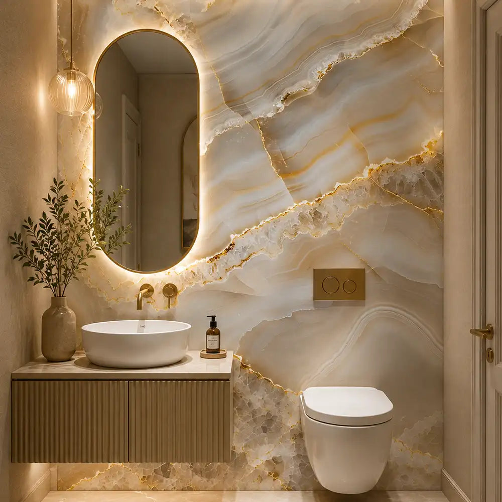 Luxe agate marble peel-and-stick wallpaper in living room, high-end stone effect wall