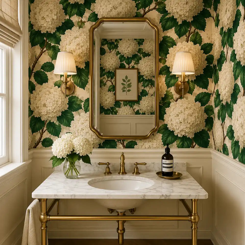 Powder room sink and mirror framed by ivory hydrangea wallpaper for elegant charm