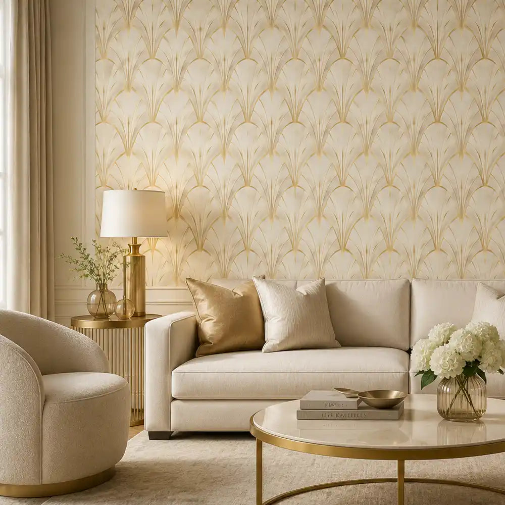 Ivory luxe art deco wallpaper sample showing soft cream and charcoal pattern tile