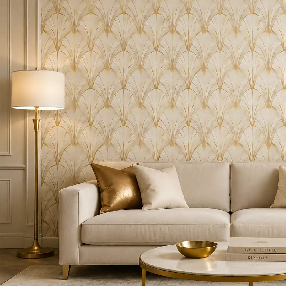 Elegant art deco peel-and-stick wallpaper in dining room, ivory geometric luxury wall