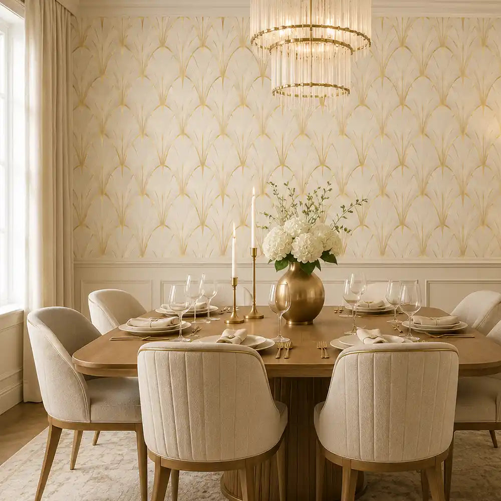 Ivory art deco wallpaper close-up showing delicate geometric lattice and metallic sheen