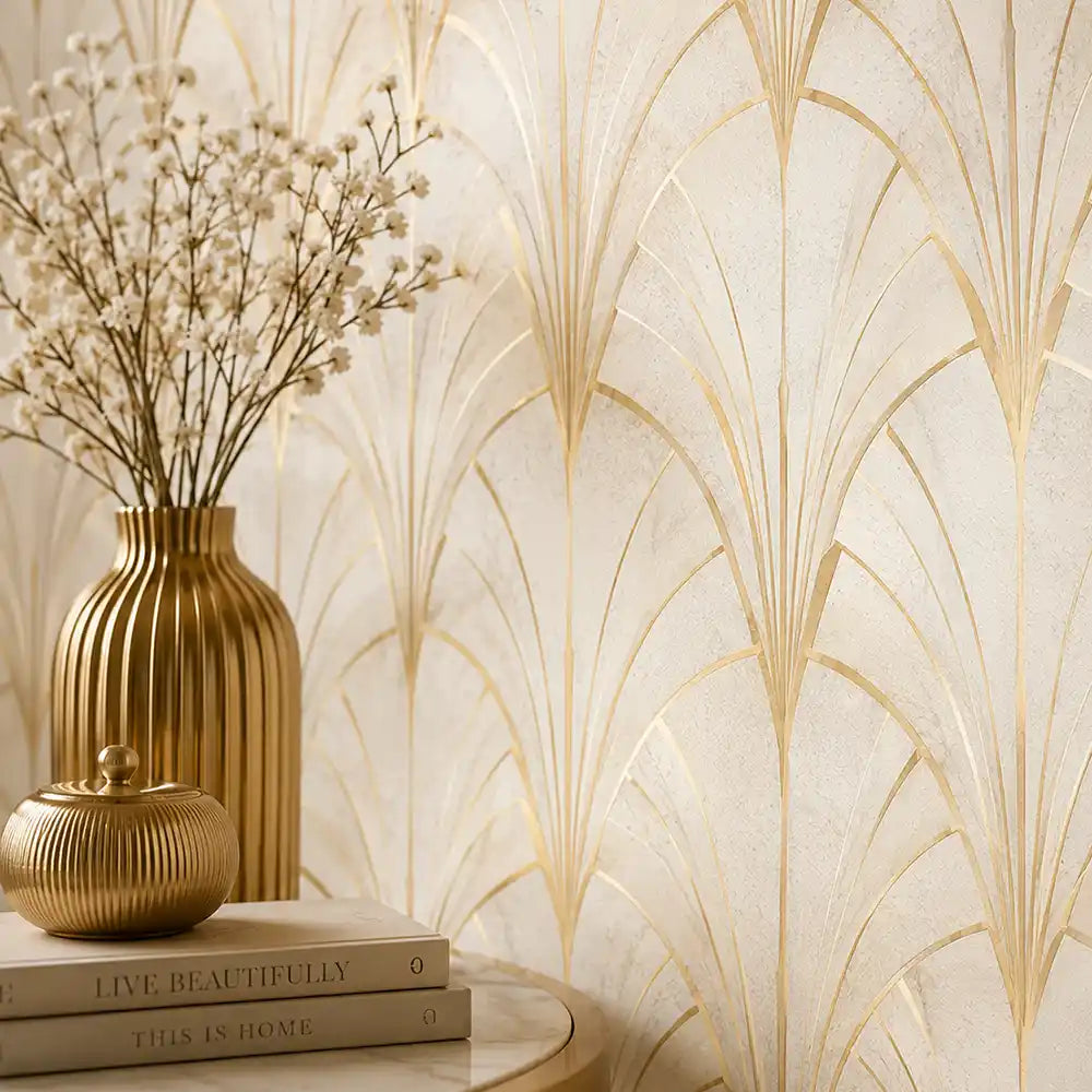 Ivory art deco peel-and-stick wallpaper in living room, refined geometric accent wall