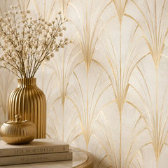 Ivory art deco peel-and-stick wallpaper in living room, refined geometric accent wall