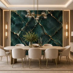 Jade marble removable wallpaper full wall view in living room, deep green luxury finish