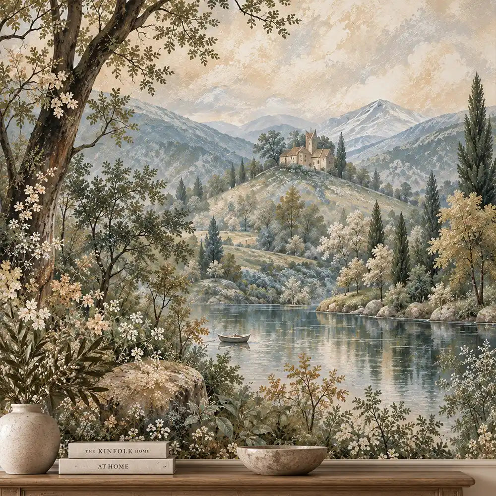 Close-up of botanical pastoral mural with lakeside villa above a styled console