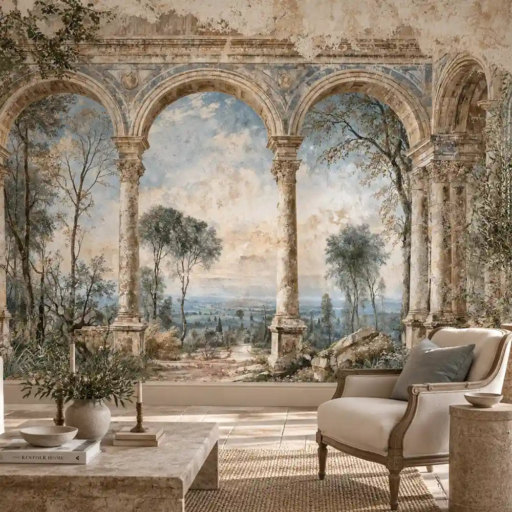 Living room armchair and coffee table before a faux fresco Italian arches mural
