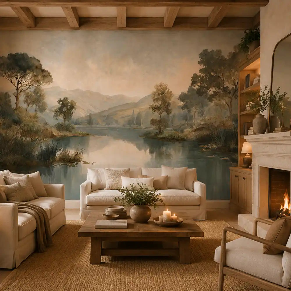 Lakeside scenery mural in a living room with fireplace, linen sofas and wood beams