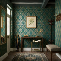 Tropical art deco wallpaper full bedroom installation, bold palm and geometric pattern