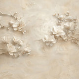 Close-up of ivory magnolia relief mural showing sculpted petals and plaster texture