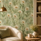 Green and cream color tones of meadow daisy wallpaper for neutral rooms.