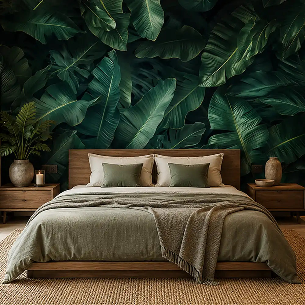 Tropical banana leaf removable wallpaper edge detail, smooth canvas installation view