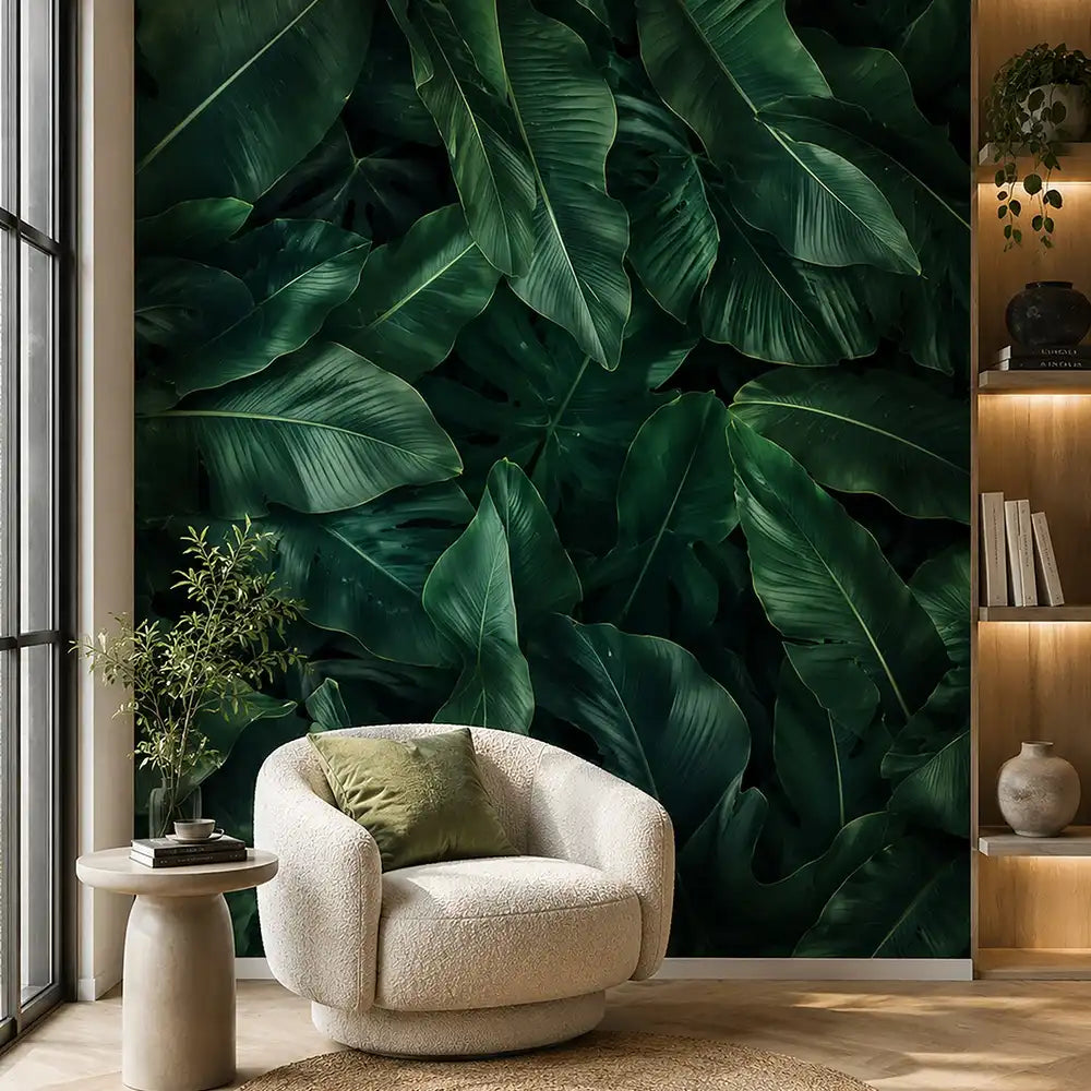 Dark tropical wallpaper sample tile with dramatic banana leaf scale reference