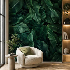 Dark tropical wallpaper sample tile with dramatic banana leaf scale reference