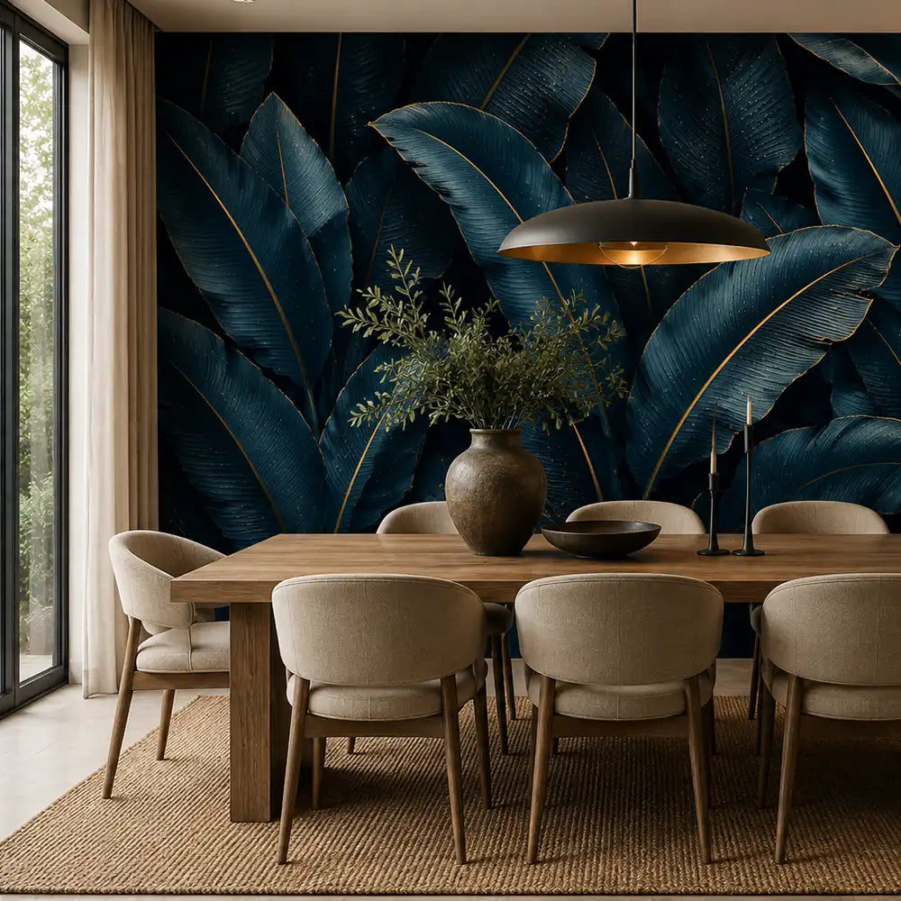 Midnight blue tropical wallpaper in dining room, rich dark botanical feature wall