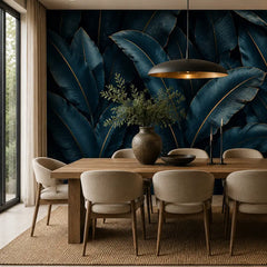 Midnight blue tropical wallpaper in dining room, rich dark botanical feature wall