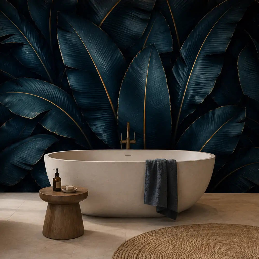 Tropical wallpaper sample showing midnight navy and deep teal tropical leaf pattern