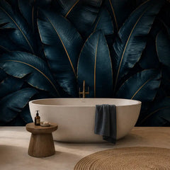 Tropical wallpaper sample showing midnight navy and deep teal tropical leaf pattern