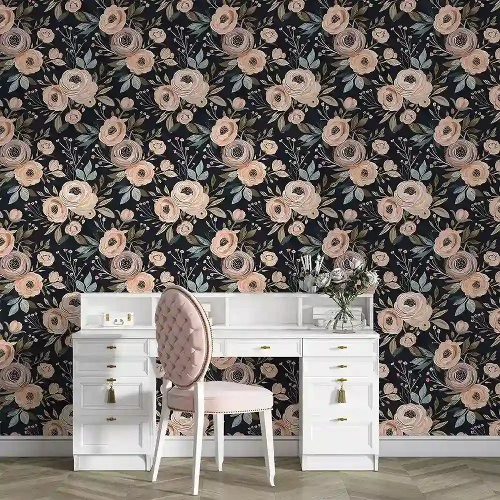 Dark romantic floral wallpaper full bedroom installation, blush petal accent feature wall