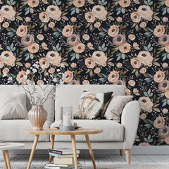 Midnight blush wallpaper close-up with delicate pink flowers on dark ground detail